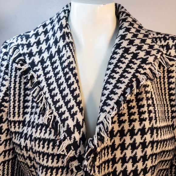 Harve Benard Womens Size Large Coat Black White Houndstooth Wool Blend Fringe - Picture 6 of 10